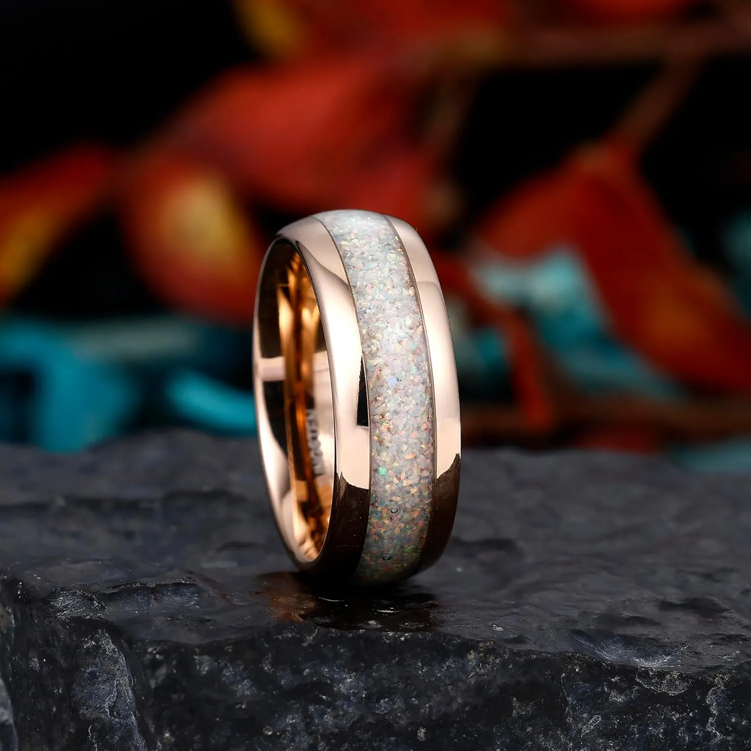 8mm Tungsten Rings for Men Women Rose Gold Men's Tungsten Wedding Promise Bands with White Opal and Moss Agate Inlay Daily Wear Size 7-14