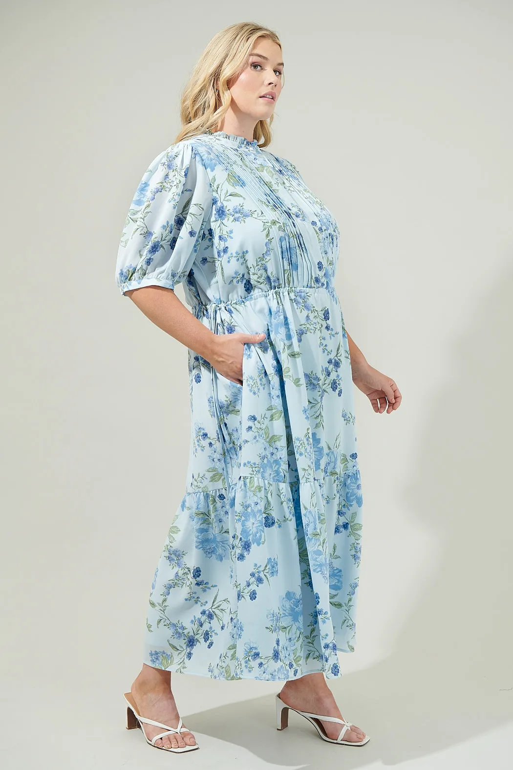 Dusty Floss Floral Pleated Midi Dress Curve