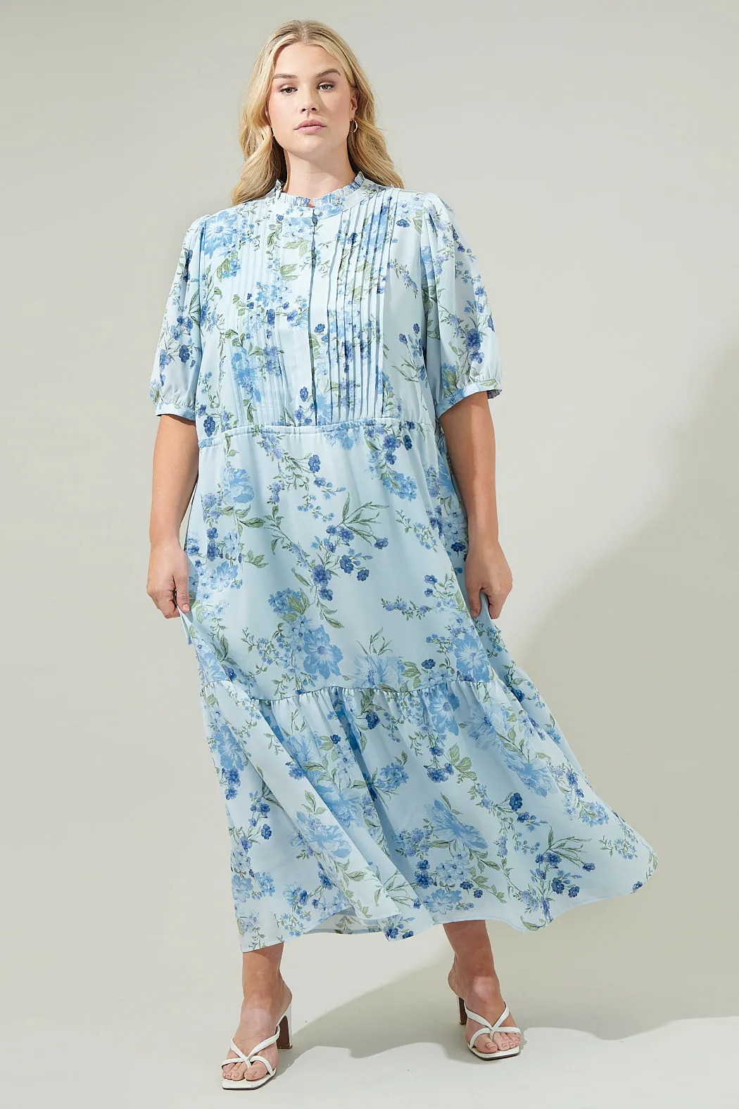 Dusty Floss Floral Pleated Midi Dress Curve