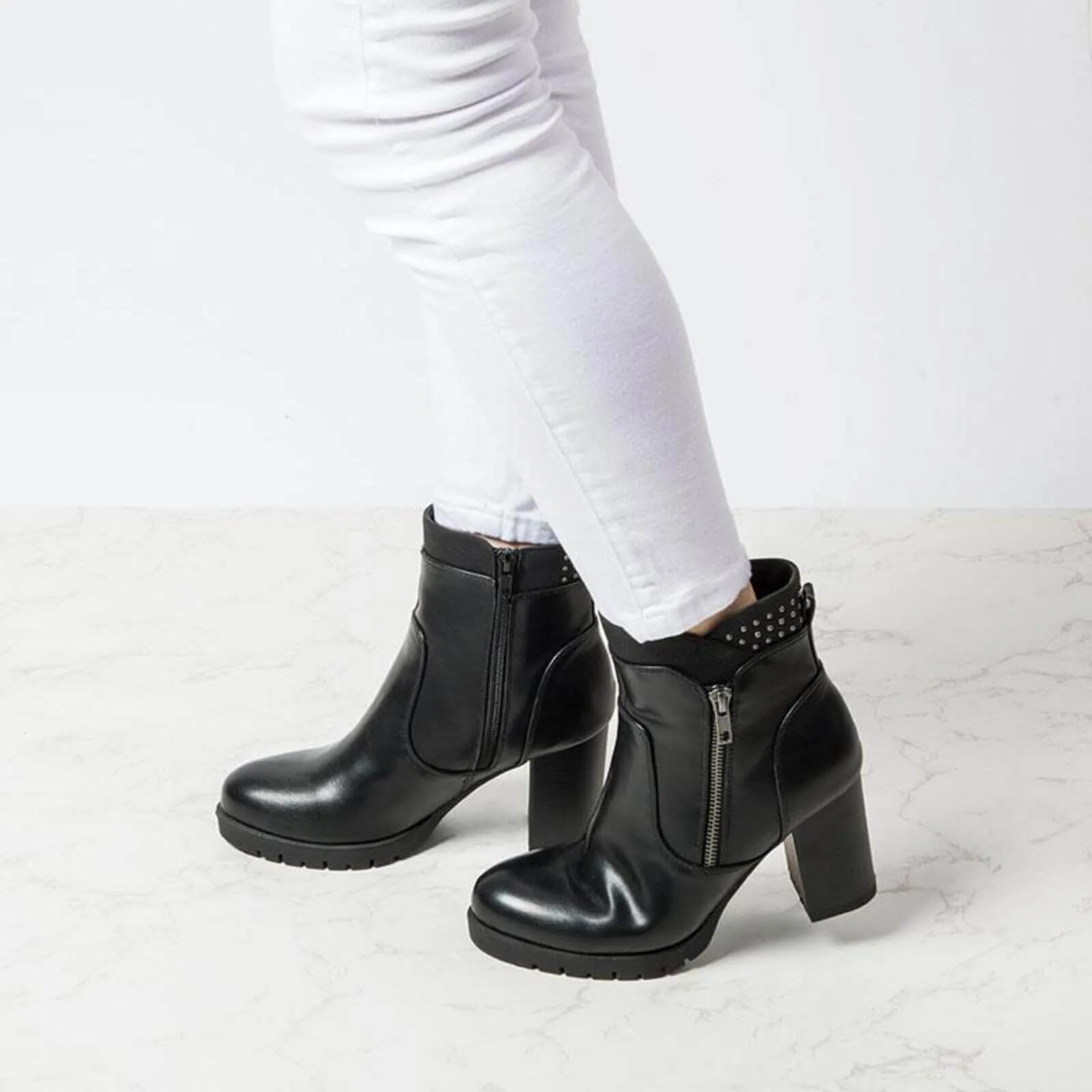 Rivet Chunky High Heel Ankle Boots